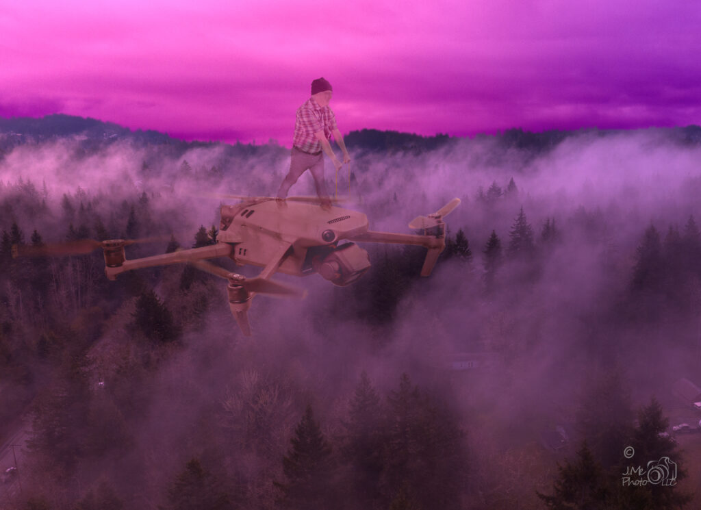 Composite photo showing man riding on top of a drone in a dreamy landscape